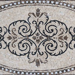 Mozaico - Arabesque Marble Rug Mosaic - Selma, 59"x35" - The Selma Arabesque marble rug mosaic features a stylish Arabesque botanical theme in golden brown hues with milky white and black accents on a pink/ivory background. Use this rectangular area rug mosaic to brighten your home??s flooring or order it in a large size for a complete mosaic tile floor.