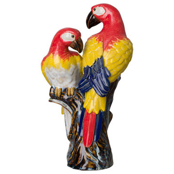 16 In Ceramic Pair Of Perched Parrots Statue