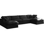 Meridian Furniture - Plush Velvet / Down Standard Comfort 6-Piece U-Shaped Modular Sectional, Black - No matter how big or little the size of your gang, they can all find their sweet spot when you choose pieces from the Plush collection to build your ideal seating group. Choose this six-piece set or pair multiple pieces together to get the custom look everyone will love. The soft black velvet material is soft and welcoming to the touch, and the set's cushions are overstuffed with a down and feather blend to provide ample support for tired bodies.