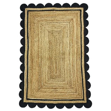 Farmhouse Area Rug, Braided Natural Jute & Black Scalloped Accents, 2' X 16'