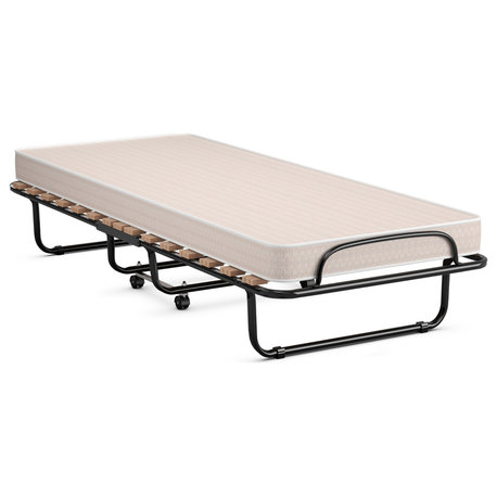 Costway Portable Steel Folding Bed with Mattress Rollaway Cot in Beige