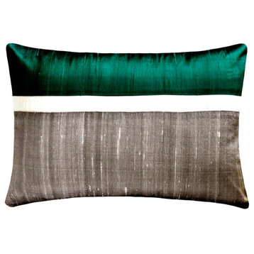 Green Silk Blocking Patchwork 12"x16" Lumbar Pillow Cover - Plush Green Silk