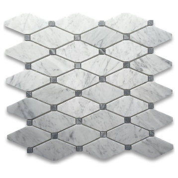 Carrara Marble Long Octave Rhomboid Mosaic Tile Dark Gray Dots Honed, 1 sheet
