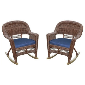Jeco Wicker Rocker Chair in Honey with Blue Cushion (Set of 2)