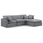 Meridian Furniture - Indulge Upholstered Modular L-Shaped Sectional, Grey, 4-Piece: 1 Armless Chair, 2 Corner Chair, 1 Ottoman, Down Stuffed Velvet - Experience ultimate comfort and style with our grey velvet Indulge Sectional. The luxurious velvet will elevate the aesthetic of any room. This sofa provides ample space for you to relax while its modular build offers the option of unlimited configurations. Whether you're looking to add a stylish element to your living room or a comfortable seating option to your bedroom, this sofa is the perfect choice.