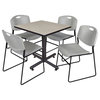 Kobe 30" Square Breakroom Table- Maple & 4 Zeng Stack Chairs- Grey