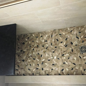 BATHROOM - Contemporary Tub-To-Shower 12 x 24  TanTile and Linear Mosaic Accent