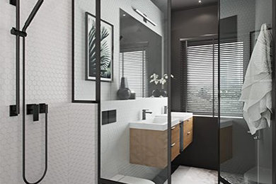 Inspiration for a medium sized modern ensuite bathroom in London with flat-panel cabinets, a walk-in shower, a wall mounted toilet, white tiles, ceramic tiles, white walls, ceramic flooring, a built-in sink, black floors, a hinged door, white worktops, double sinks and a floating vanity unit.