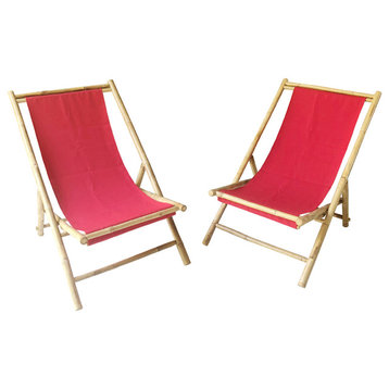 Folding Bamboo Relax Sling Chair - Set of 2, Red