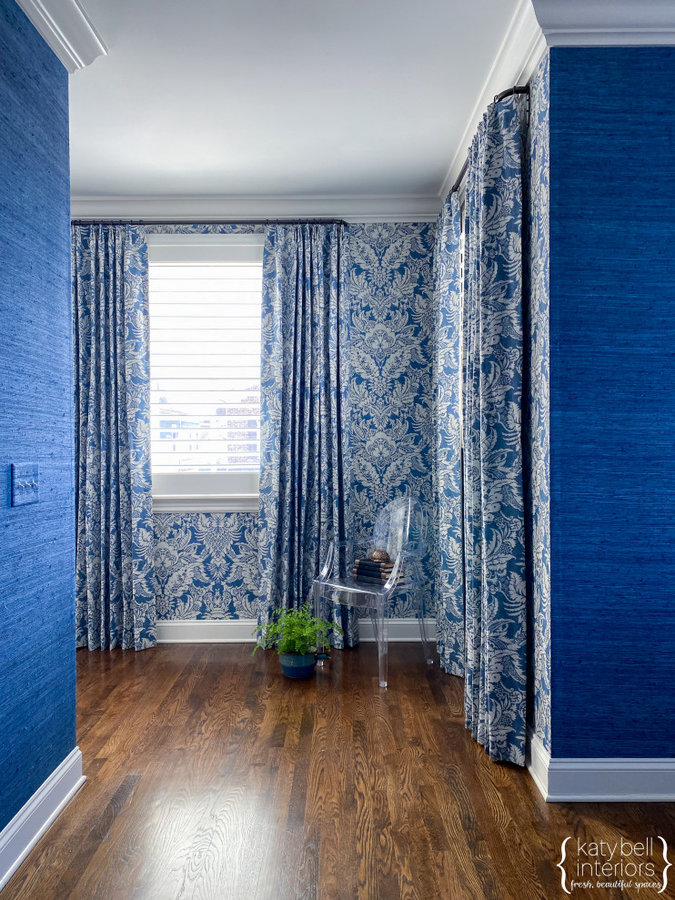 Media Room, Denim Blue Textured Grasscloth, Custom Draperies