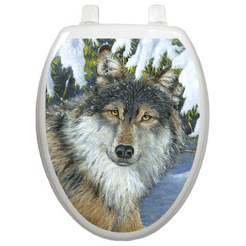 Lone Wolf Toilet Tattoos Seat Cover, Vinyl Lid Decal, Bathroom Accent, Elongated