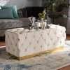Corrine Glam and Luxe Beige Velvet Upholstered and Gold PU Leather Ottoman