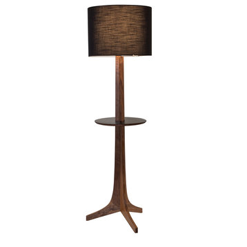 Nauta Floor Lamp, Brushed Brass, Walnut, Black Amaretto/Black Hpl Top Surface, Matching Wood Shelf With Black Hpl Top Surface