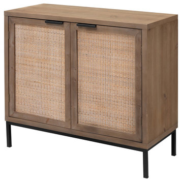 Luxe Woven Raffia Front 2 Door Cabinet Table Casual Light WoodWith Shelf