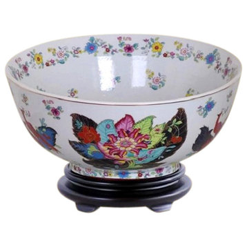 Chinese Tobacco Leaf Porcelain Bowl With Base 12"