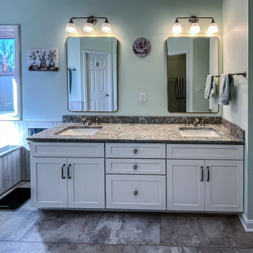 Primary Bathroom with Custom Corian and Tiled Shower, Tiled Tub Surround
