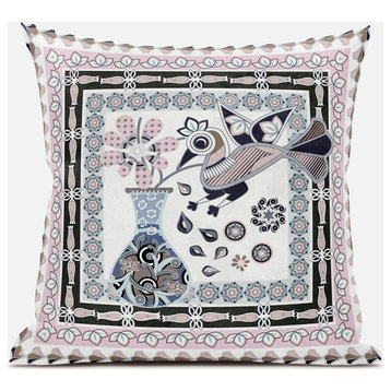 16" X 16" Pink and Black Peacock Broadcloth Floral Zippered Pillow