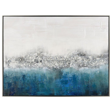 Framed Blue and Silver Abstract Acrylic Painting on Canvas for Modern
