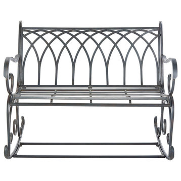 Unique Rocking Bench, Metal Construction With Scrollwork, Black Rust Finish