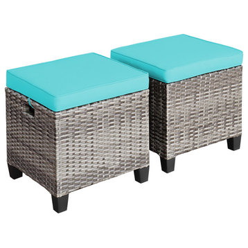 Costway 2PCS Patio Rattan Cushioned Ottoman Seat Foot Rest TableTurquoise