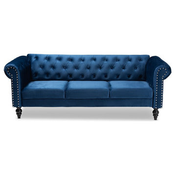 Bowery Hill Navy Blue Velvet Upholstered Button Tufted Chesterfield Sofa