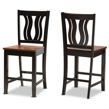 Two-Tone Dark Brown and Walnut Brown Finished Wood Counter Stool, Set of 2