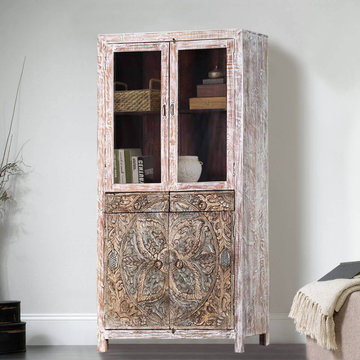 Floral Mandala Handcarved Rustic Solid Wood Display Cabinet Armoire