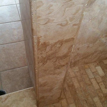 ForzaStone Walnut Cross Cut Travertine Walk In Shower