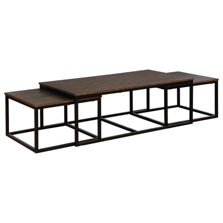 Arcadia Acacia Wood 54" Coffee Table, Nesting Tables, Antiqued Mocha