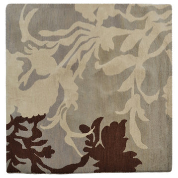 Hand Tufted Wool Area Rug Floral Gray White, [Square] 6'x6'
