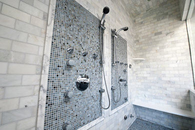 Mid-sized trendy master mosaic tile and white tile marble floor double shower photo in Chicago with marble countertops and a hinged shower door