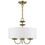 Livex Lighting - Livex Lighting 3 Light Antique Brass Pendant Chandelier - The three-light Brookdale pendant chandelier combines floral details and casual elements to create an updated look. The hand-crafted off-white fabric hardback drum shade is set off by an inner silky white fabric that combines with chandelier-like antique brass finish sweeping arms which creates a versatile effect. Perfect fit for the living room, dining room, kitchen or bedroom.