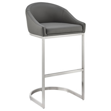 Atherik Bar Stool, Brushed Stainless Steel With Gray Faux Leather