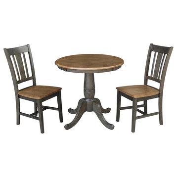 30" Round Top Pedestal Table With 2 San Remo Chairs, 3-Piece Set, Hickory/Washed Coal
