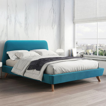 Henry Mid-Century Modern Upholstered Platform Bed, Blue, Queen
