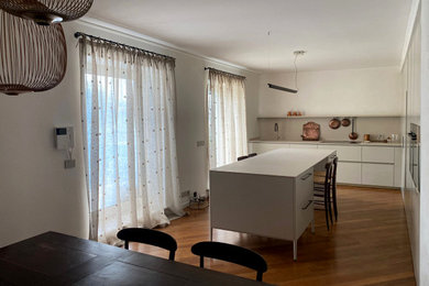 Foto di una cucina minimal chiusa con ante bianche, parquet scuro e abbinamento di mobili antichi e moderni