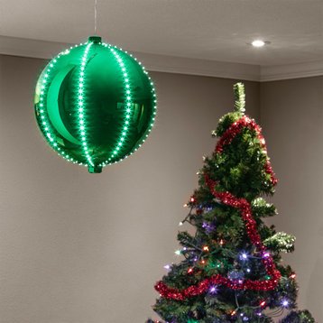 13"H Indoor Hanging Christmas Ball Decoration with Chasing LED Lights, Green