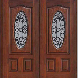 Prehung Double Door 80 Fiberglass Genoa Eyebrow Oval Lite GBG Glass - Front Doors