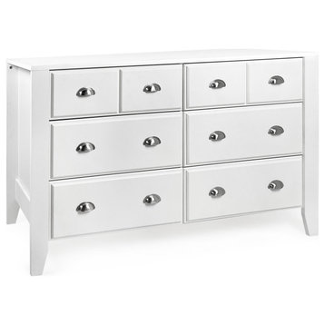 Contemporary Double Dresser, Faux Wood Frame & Drawers With Hooded Pulls, White
