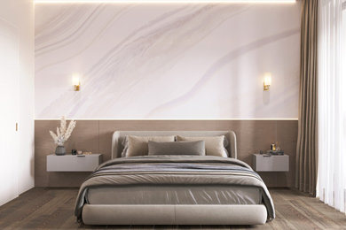 Идея дизайна: спальня в современном стиле с коричневым полом
