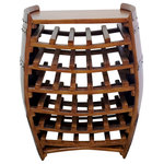 Master Garden Products - Whole Barrel Wine Rack with Counter Top, Holds up to 36 Bottles - Our exclusive full barrel wine rack with a top-shelf provides plenty of room to display 30 of your favorite wine bottles. It is perfect for retail wine and liquor displays, as well as a home or commercial wine cellar. It is an excellent POP stand for wine and liquor promotional events. The barrel display rack is constructed from reclaimed oak wine barrel staves. Each wine barrel stave used cleaned, sanded, and kiln-dried, to ensure the quality of the rack. The countertop is made from teak wood. Each individual item's appearance and color tone may vary due to the reclaimed barrel material used in the product. Lacquer finished. 37” H x 27" W x 17" D