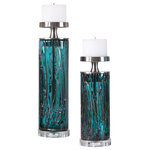Uttermost - Almanzora Candleholders, Set of 2 - Set of two candleholders feature teal glass base with bronze sugar spun accents and brushed nickel and crystal details. Includes two 4"x 3" distressed white candles. Sizes: Sm-5x14x5, Lg-5x18x5