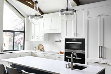 Large minimalist l-shaped kitchen photo in Vancouver with an integrated sink, quartz countertops, white backsplash, quartz backsplash, an island and white countertops