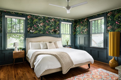 Bedroom - mid-sized transitional master dark wood floor, brown floor and wallpaper bedroom idea in Charlotte with multicolored walls and no fireplace