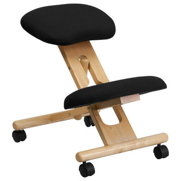 Mobile Wooden Ergonomic Kneeling Office Chair, Black Fabric