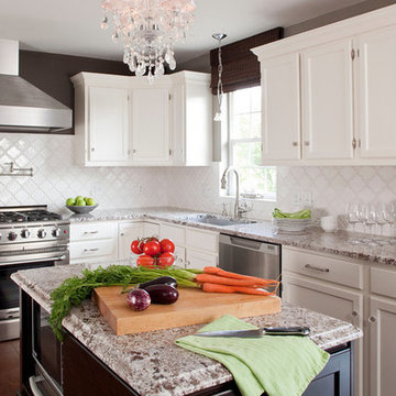White Kitchen, Stained Island & Pantry with Bianco Antico Granite