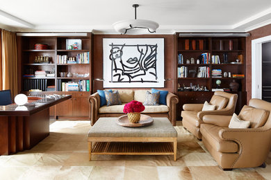 Inspiration for a contemporary freestanding desk home office library remodel in Chicago with brown walls