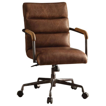 Midcentury Office Chair, Top Grain Leather Seat With Channel Back, Retro Brown