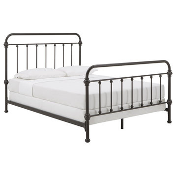 Solid Bed Frame, Spindle Accent Metal Construction, Antique Dark Bronze, Queen