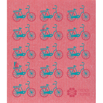 Swedish Dishcloth Mid-Century Modern, Rows of Bikes, Turquoise and Red on Pink